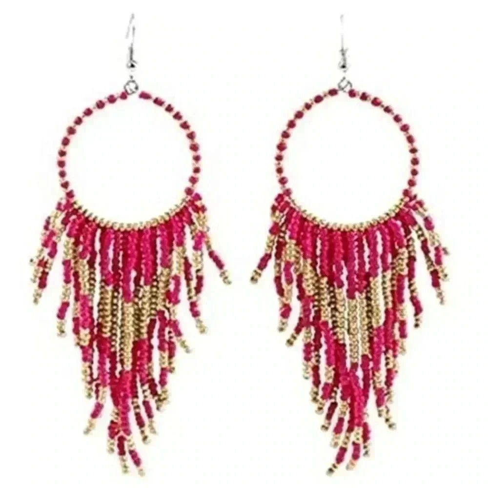 Dark Pink & Gold Multicolor Seed Bead Circle & Tassel Large Drop Earrings NWT